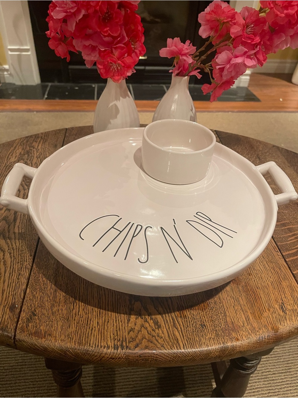 Rae Dunn Chips N' Dip Ceramic Serving Platter with Dip Bowl - White